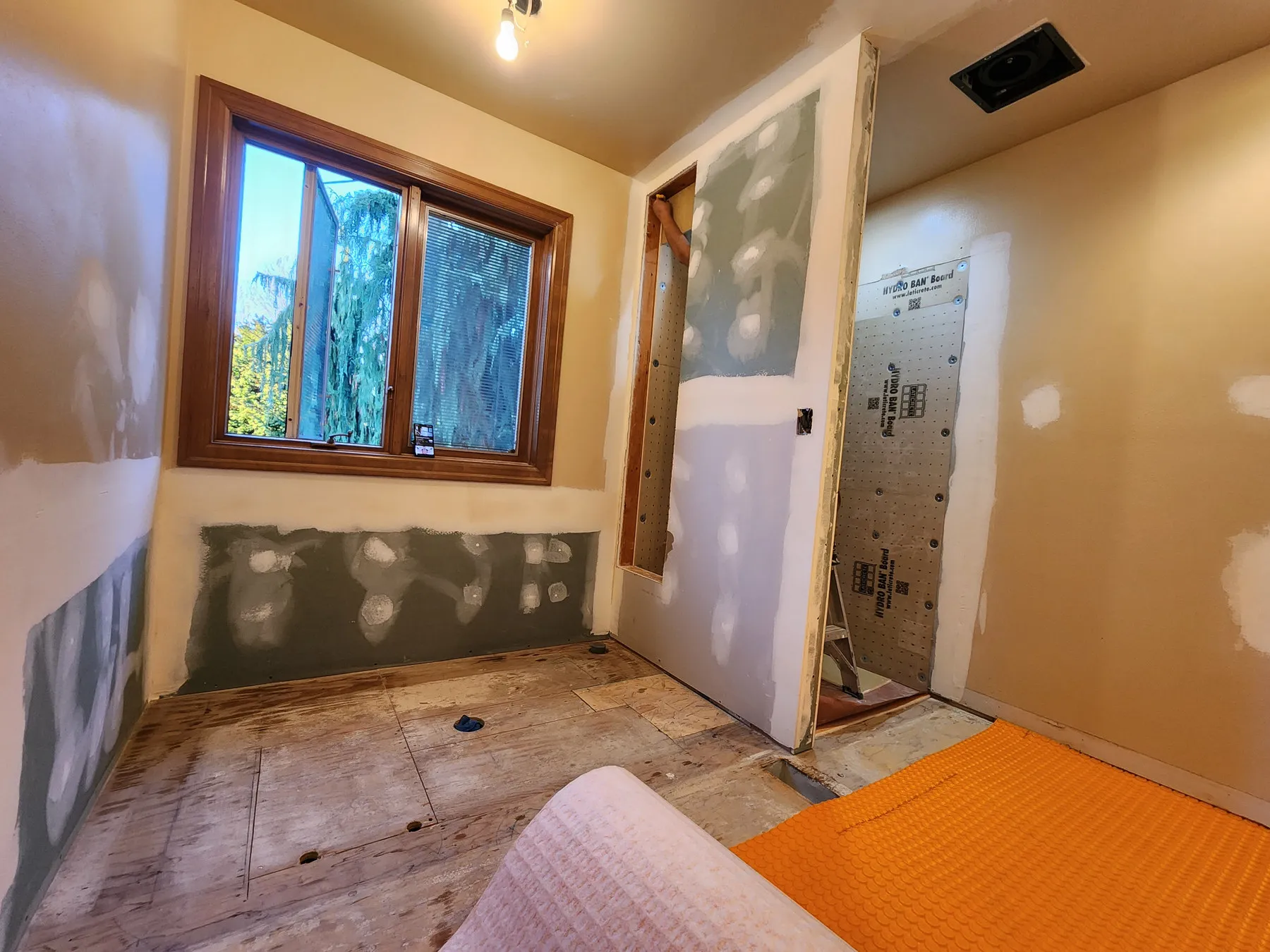 Before — bare studs to a freestanding tub under the original window — Edmonds